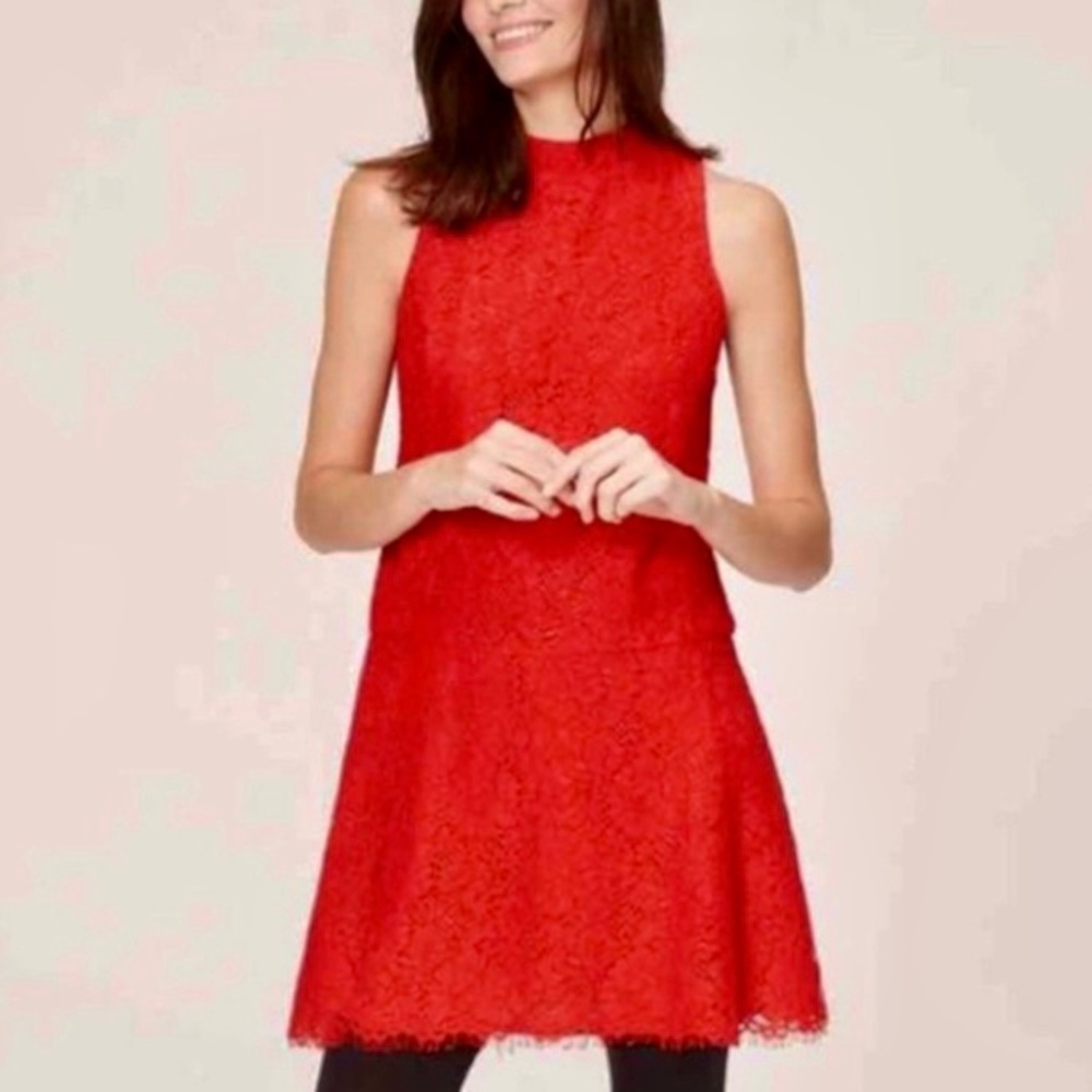 Loft Red Lace Mockneck Sleeveless Dress